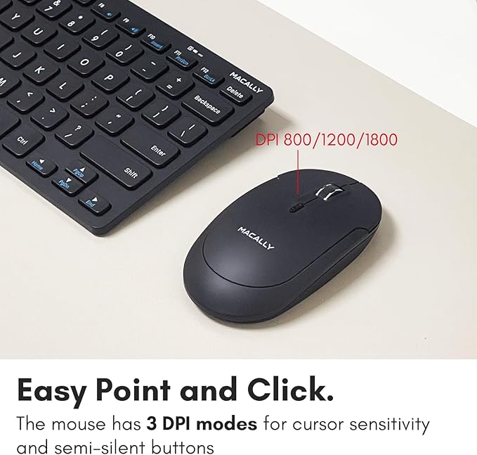 Macally Small Wireless Keyboard and Mouse Combo - Quiet Productivity Duo - 2.4G Wireless Keyboard Mouse for PC - 78 Key Mini Keyboard and Mouse with Slim Body, Click Buttons, and 3 DPI Modes