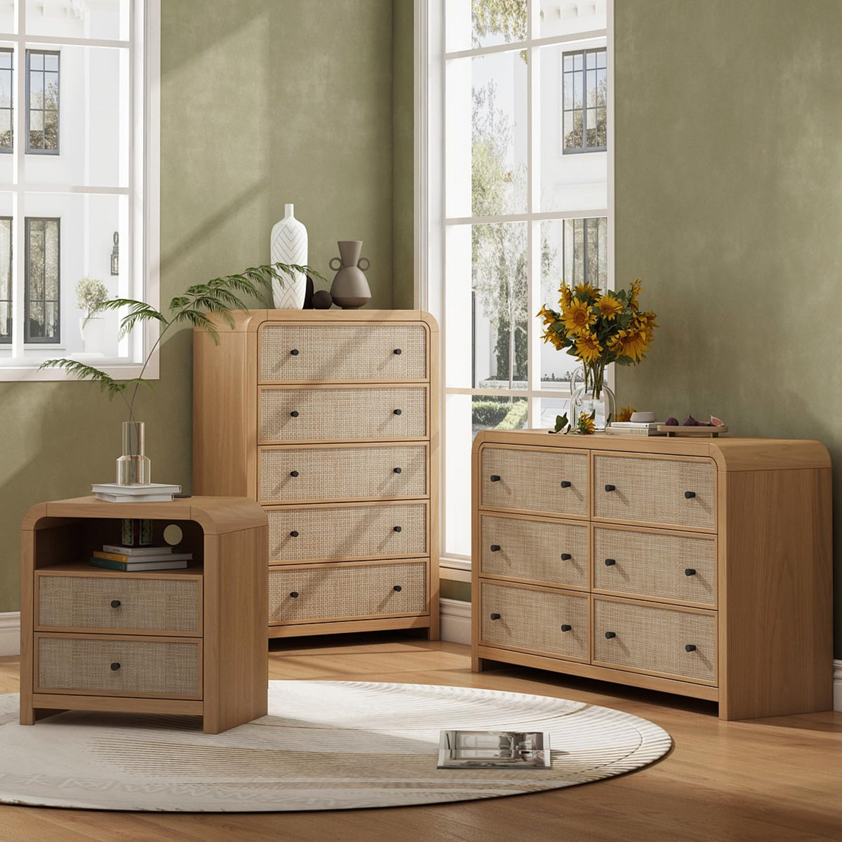 Oak&Sparrow 5 Drawer Tall Dresser for Bedroom, 47'' Rattan Dresser with Ample Storage, Boho Chest of Drawers, Thickened Curved Profile Design, Oak Dressers for Bedroom, Living Room