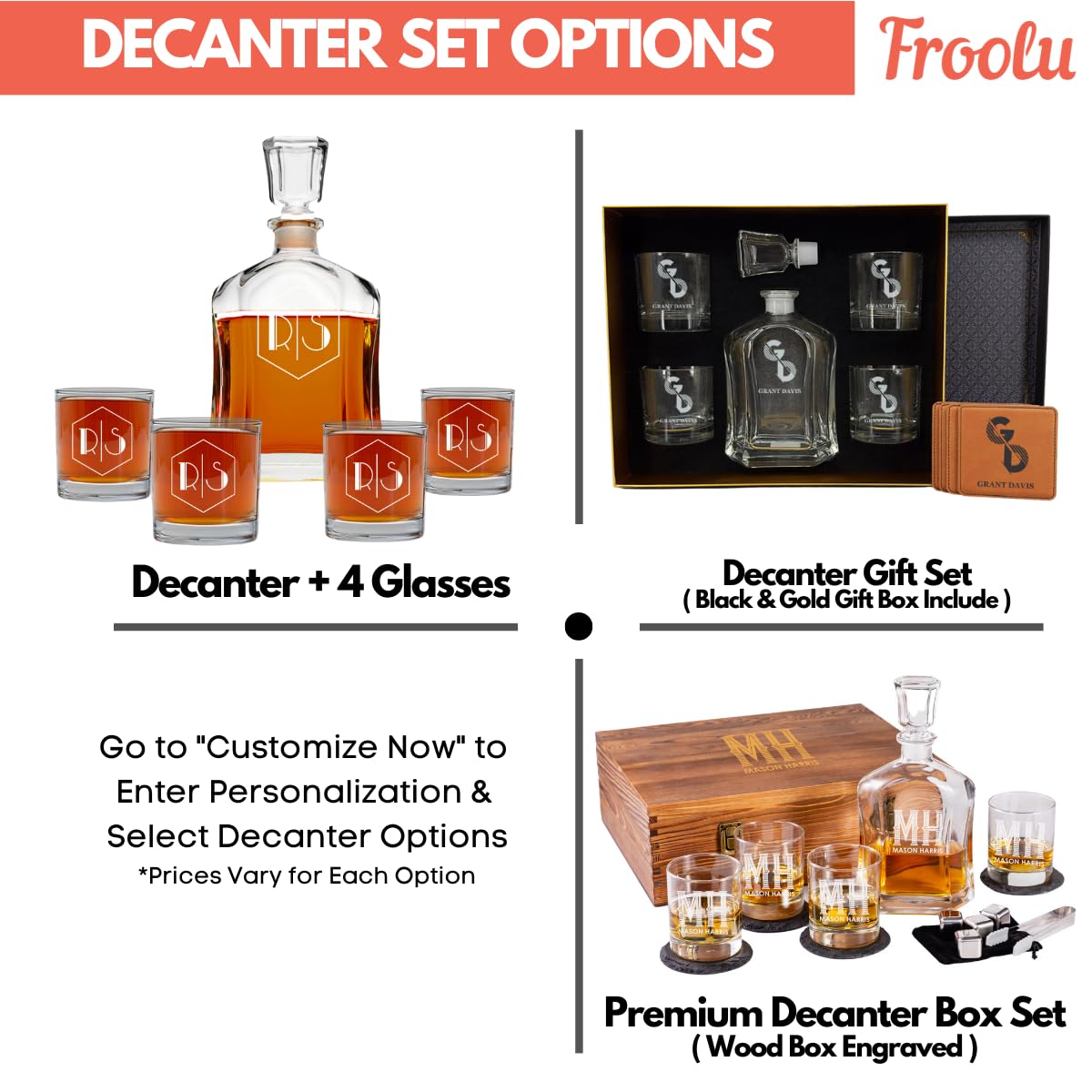 Personalized Whiskey Decanter Set for Men - 9 Design Options - Engraved Liquor Decanter Sets with Scotch Glasses - Gift Set for Him, Dad - Premium Set Includes Whiskey Stones - by Froolu Monogram