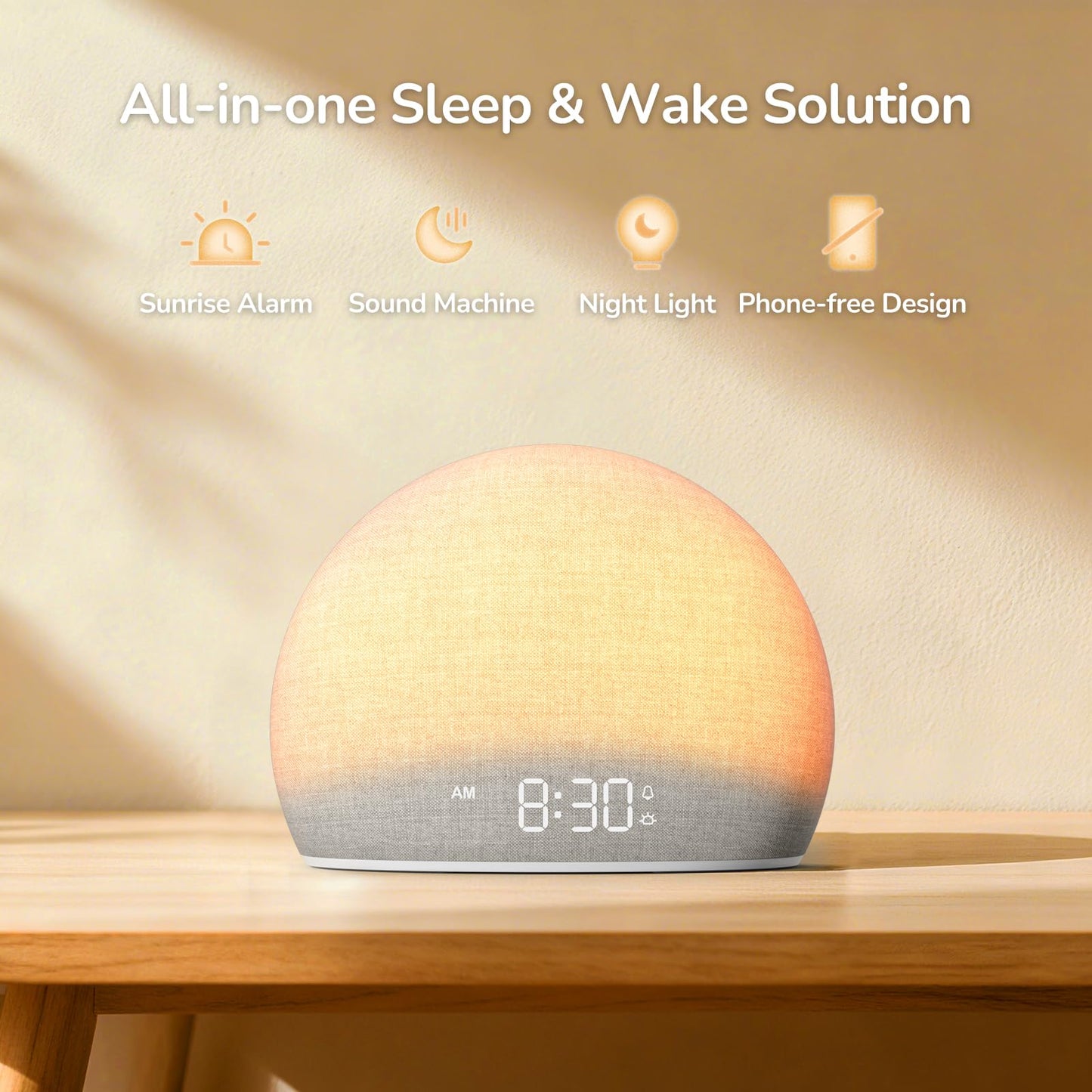 HOUSBAY Sunrise Alarm Clock, White Noise Sound Machine for Bedroom | Natural Wake-Up Light with Gentle Alarm Sounds, 20 Soothing Sleep Aids, Dimmable Display, Screen-Free Design