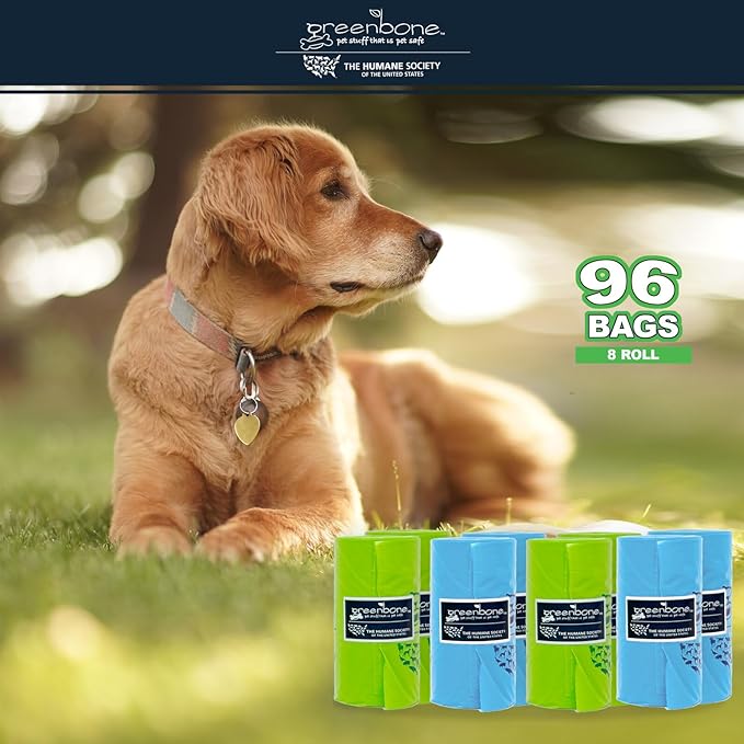 The Humane Society by Greenbone Biobase Pet Poop Bags - 8 Rolls - 96 Refills - Made with Corn Starch - Leak Proof 13 Inch x 9 Inch