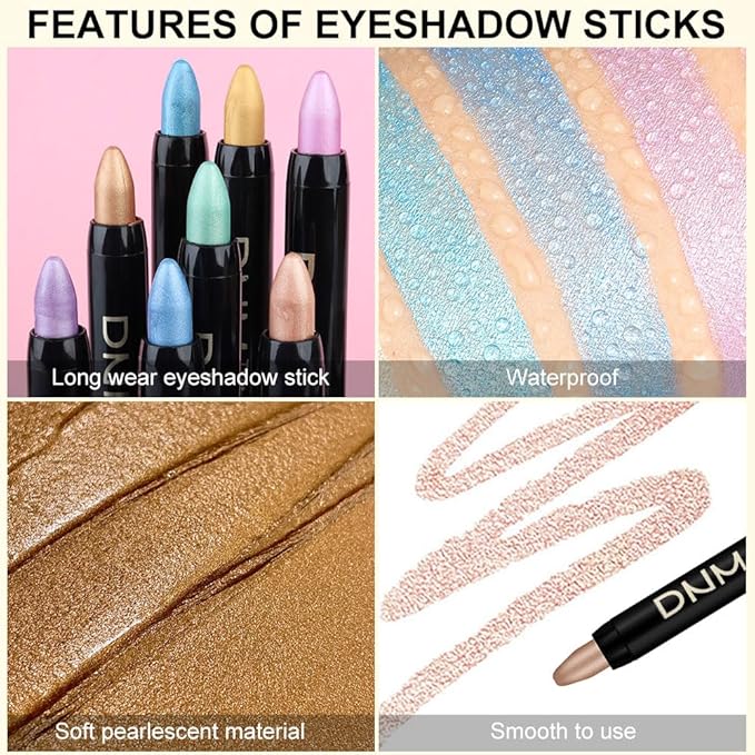 8Pcs Glitter Eye Shadow Sticks Liner Pencils Makeup Set, Desert Mocha Beige Gold Light Purple Pink Sky Dazzling Blue Geen Glitter Shimmer Eyeliner Pencil Cream Eyeshadow Palette Makeup for Older Women