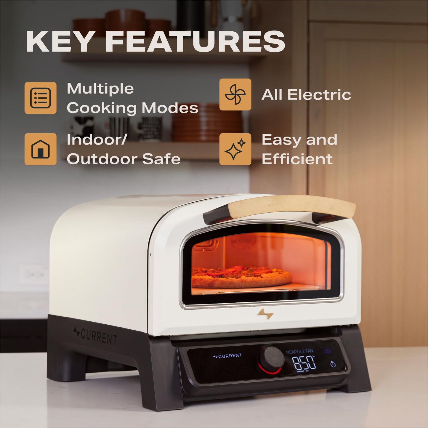 Current® Model P Smart Electric Pizza Oven, 12-Inch, 850°F Max, 5 Cooking Modes, App Connectivity for Temperature Monitoring & Custom Cooking Times, Compact for Indoor & Outdoor Use, Sand