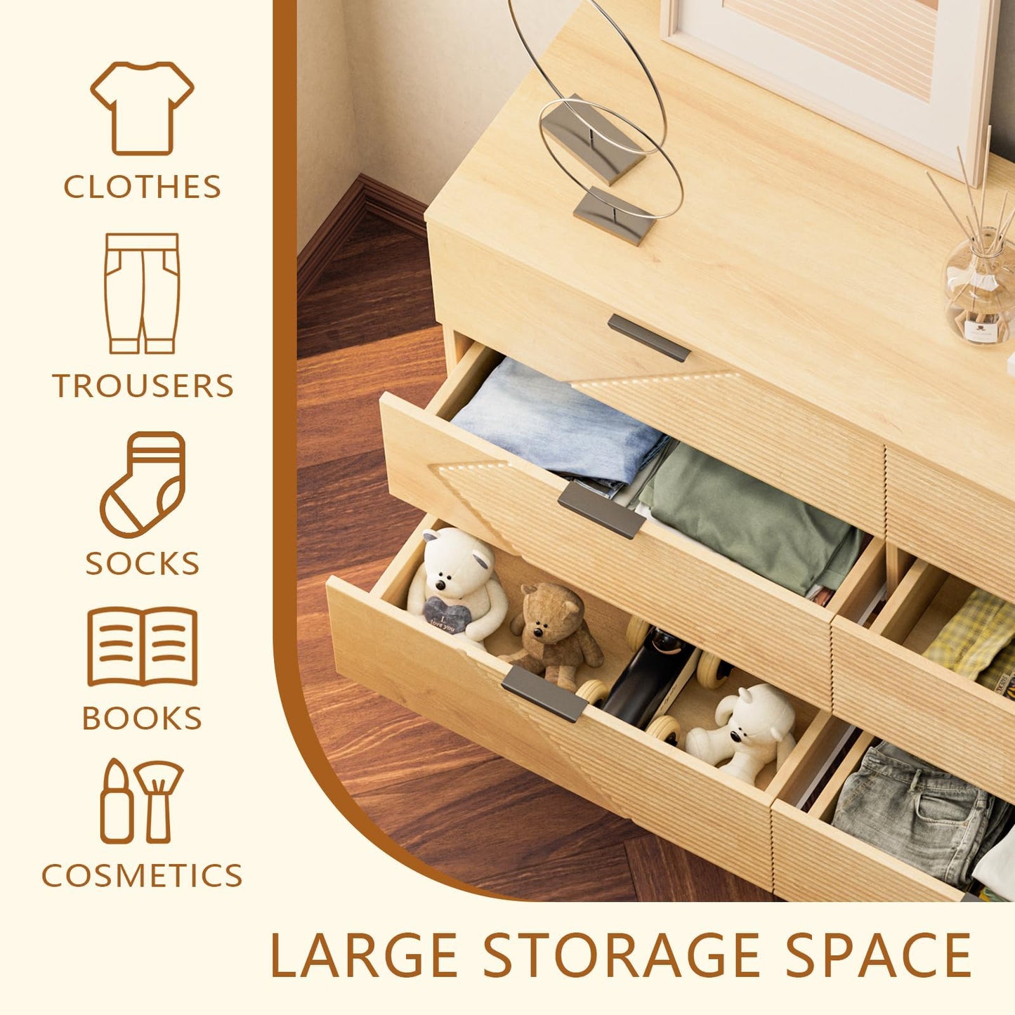 VDNEND Dresser for Bedroom with 6 Drawer, Farmhouse Wood Dresser Storage Drawers, Espresso Long Double Fluted Dressers, Closet Organizers TV Stand for Living Room,Hallway (1, Natural Oak)