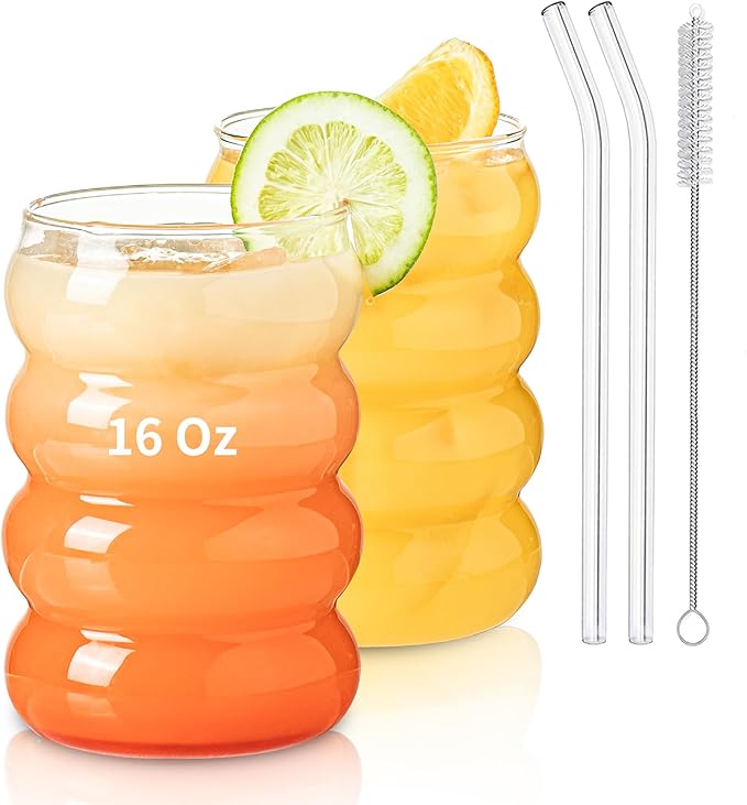 KEMORELA 2PCS Wave Bubble Beverage Glasses With Straws, 16 Oz Vintage Glass Cups, Aesthetic Iced Coffee Glasses, Ripple Gl...