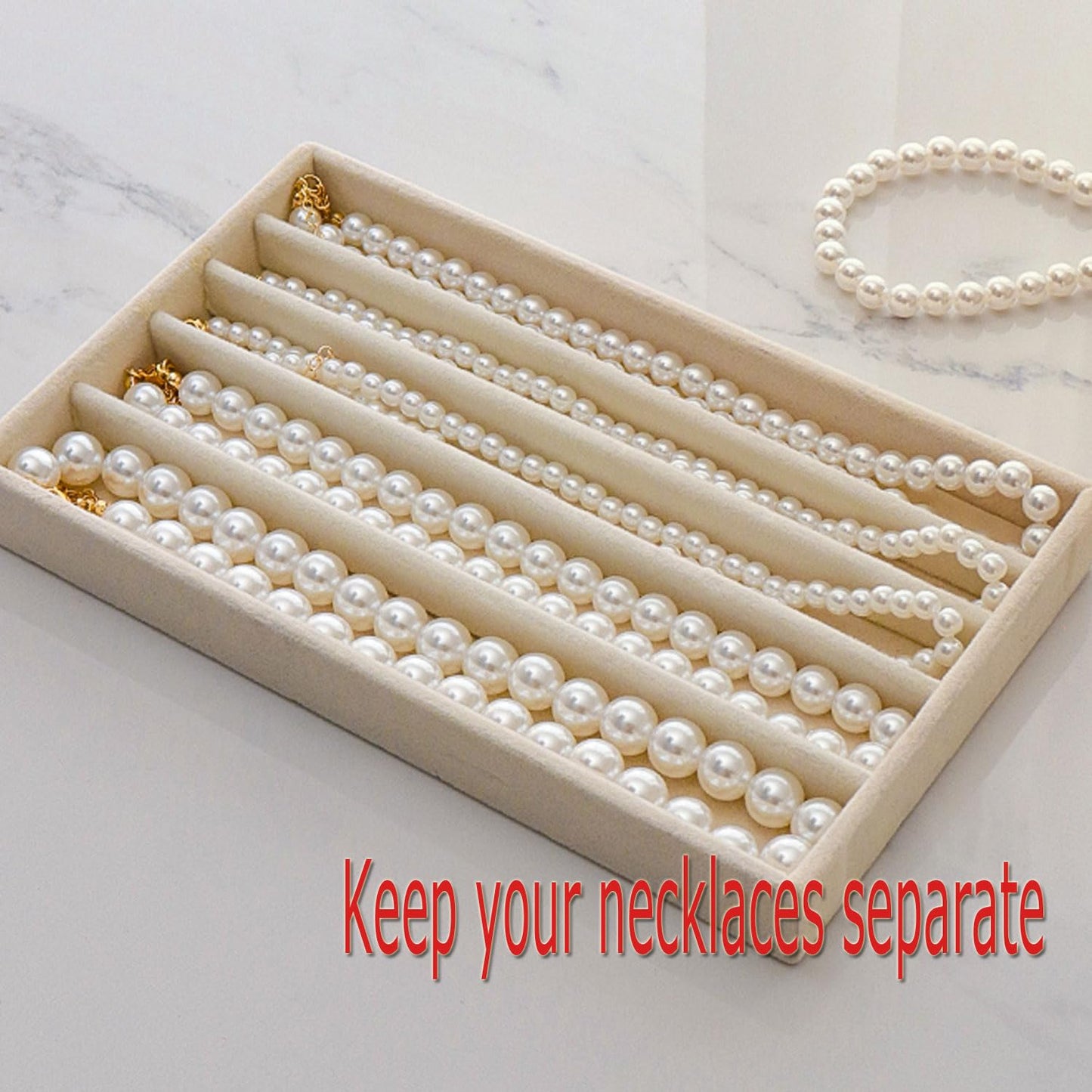 CLUQMEIK Necklace Organizer Box with Clear Lid, Dustproof Velvet Jewelry Holder Storage Display Case, Stackable Acrylic Necklace Tray Drawer Insert for Women and Girls (Beige,3 Drawers)