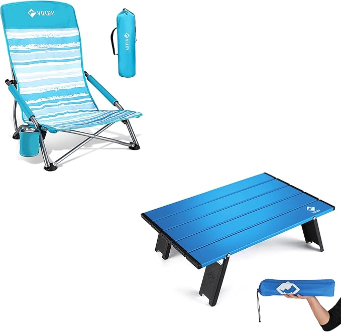 VILLEY Low Beach Chair, High Back Folding Beach Chair for Adults Portable Mini Folding Beach Table, Ultralight Aluminum Si...