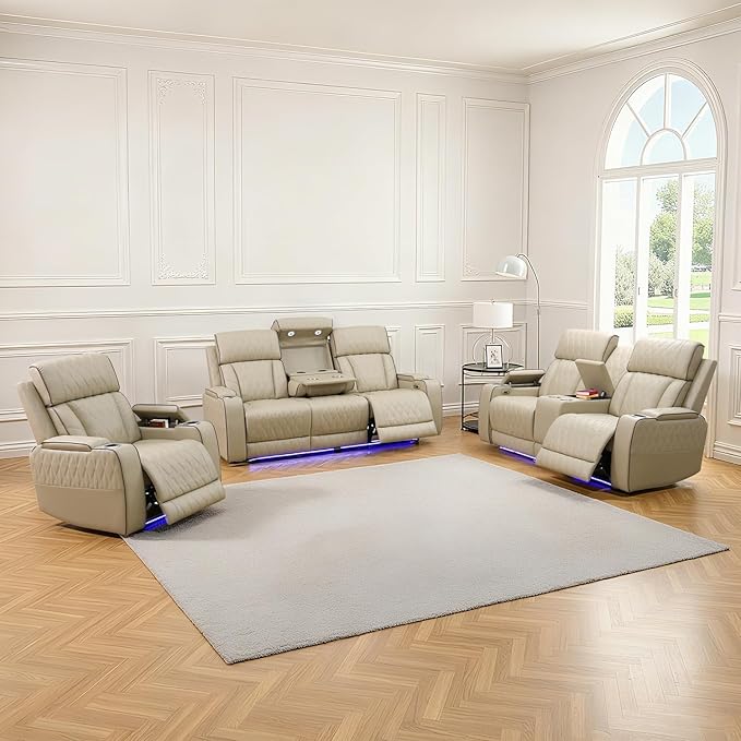 Caberryne Power Recliner Sofa Set with LED Lights,Leather Reclining Couch with Coffee Table/Storage Console/Cup Holder,Reclining Living Room Set with 5 Recliner Seats for House(3 Piece Set,Paddy)
