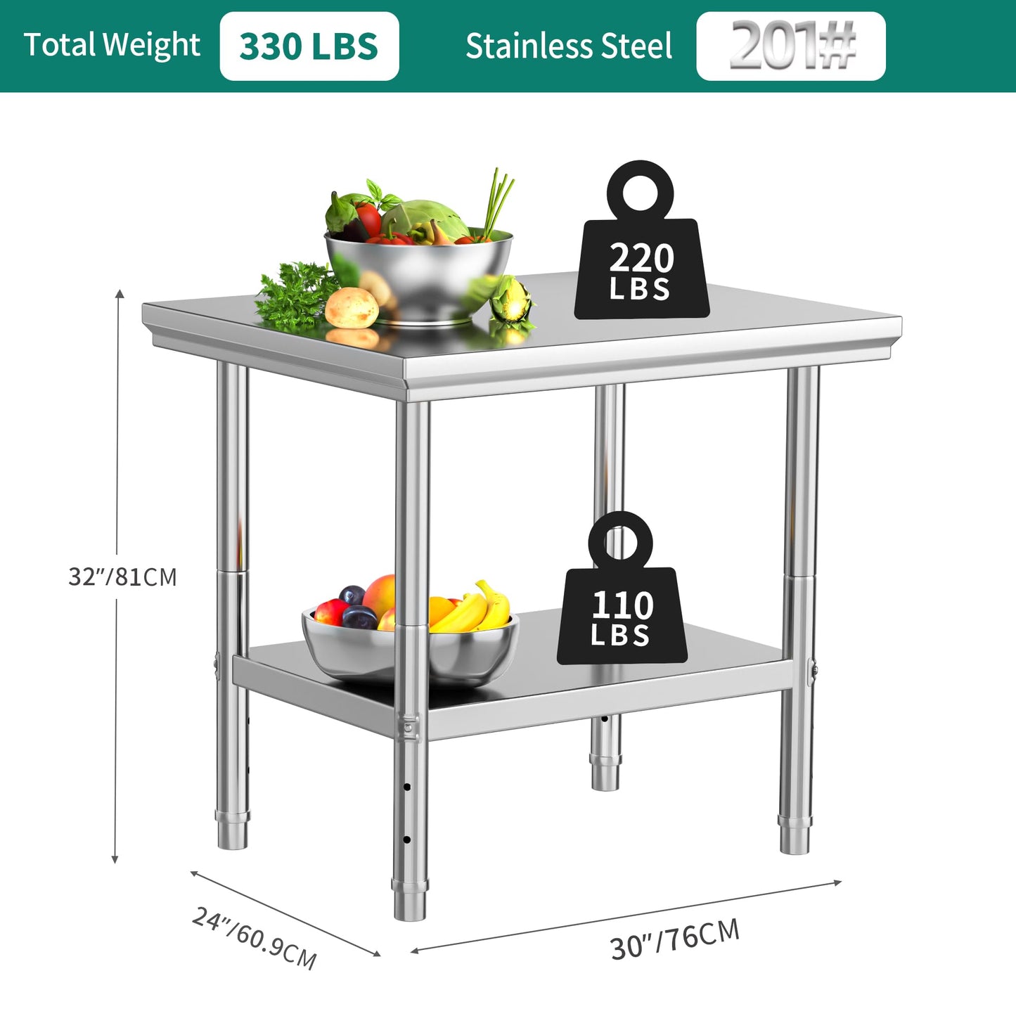 YITAHOME NSF Stainless Steel Table, 30" X 24" Work Table, 2 Shelves Metal Prep Worktable for Home Kitchen Restaurant Garage Warehouse Outdoor