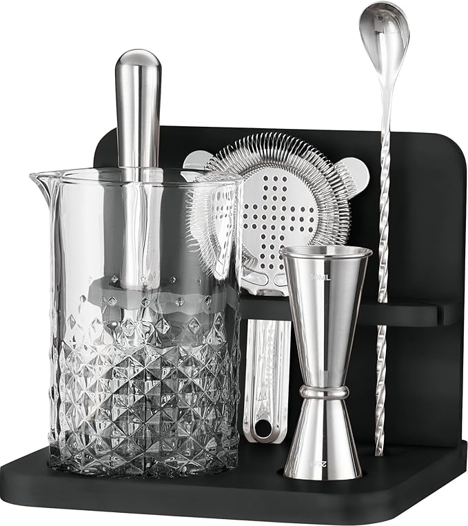 Crystal Cocktail Mixing Glass Set with Bamboo Stand - 22 Oz 650ml - Thick and Sturdy Bottom, Durable and Seamless Design w...