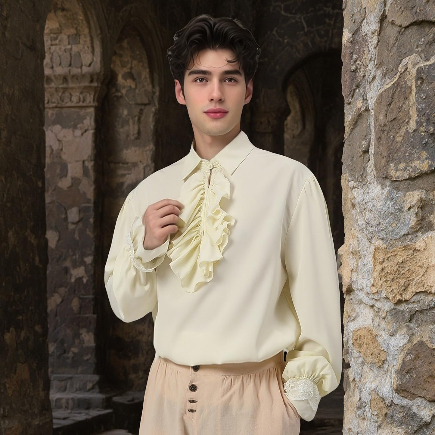 JIEFULL Mens Pirate Shirt Ruffle Puffy Colonial Frilly Steampunk Blouse Vampire Victorian Regency Medieval Renaissance Elizabethan Poet for Halloween Cosplay Costume(Beige,S)