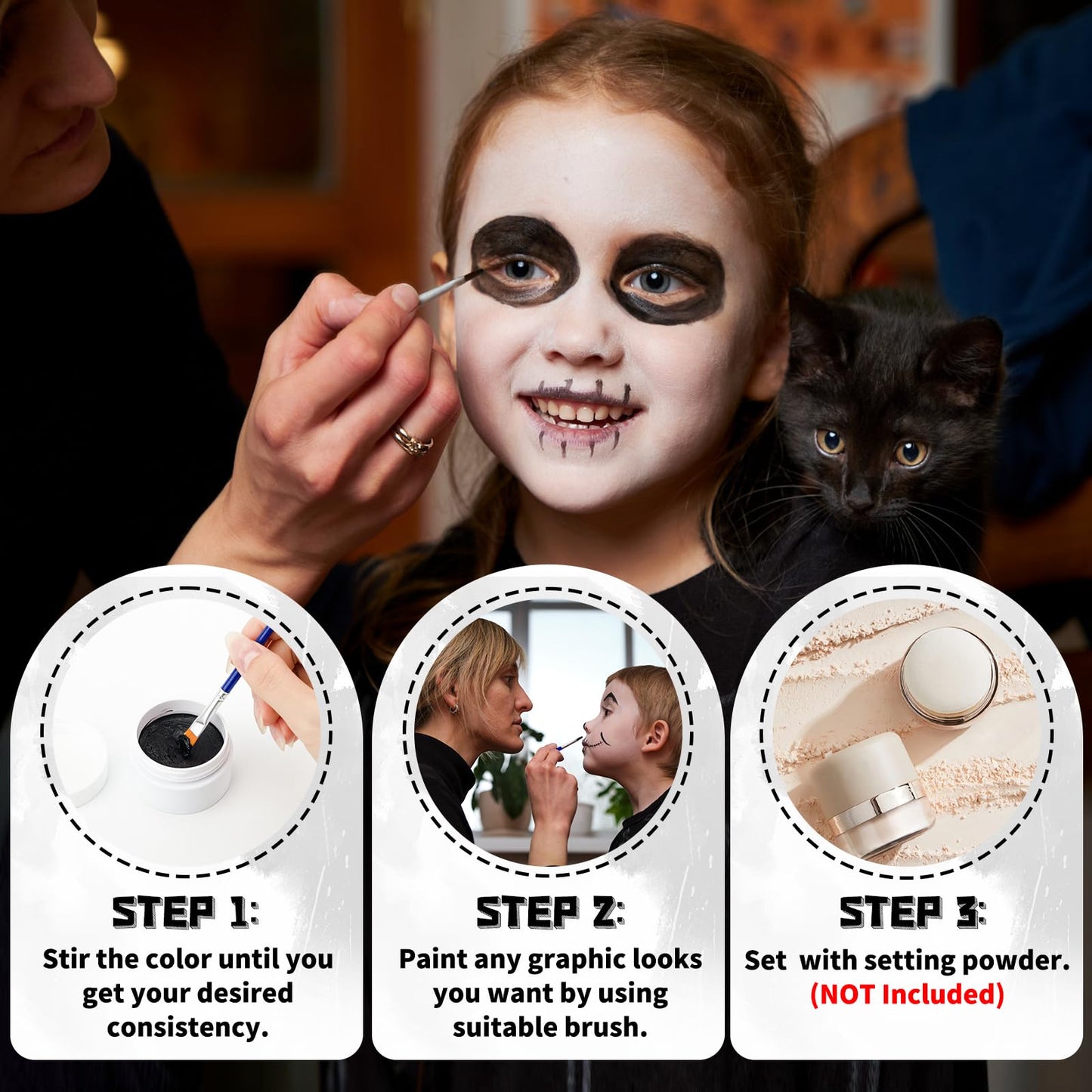 TonJin Black + White Face Body Paint Set 3.5oz/100g, Non-Toxic Professional Facepaint Makeup Kit with 2 Brushes for Kids & Adult