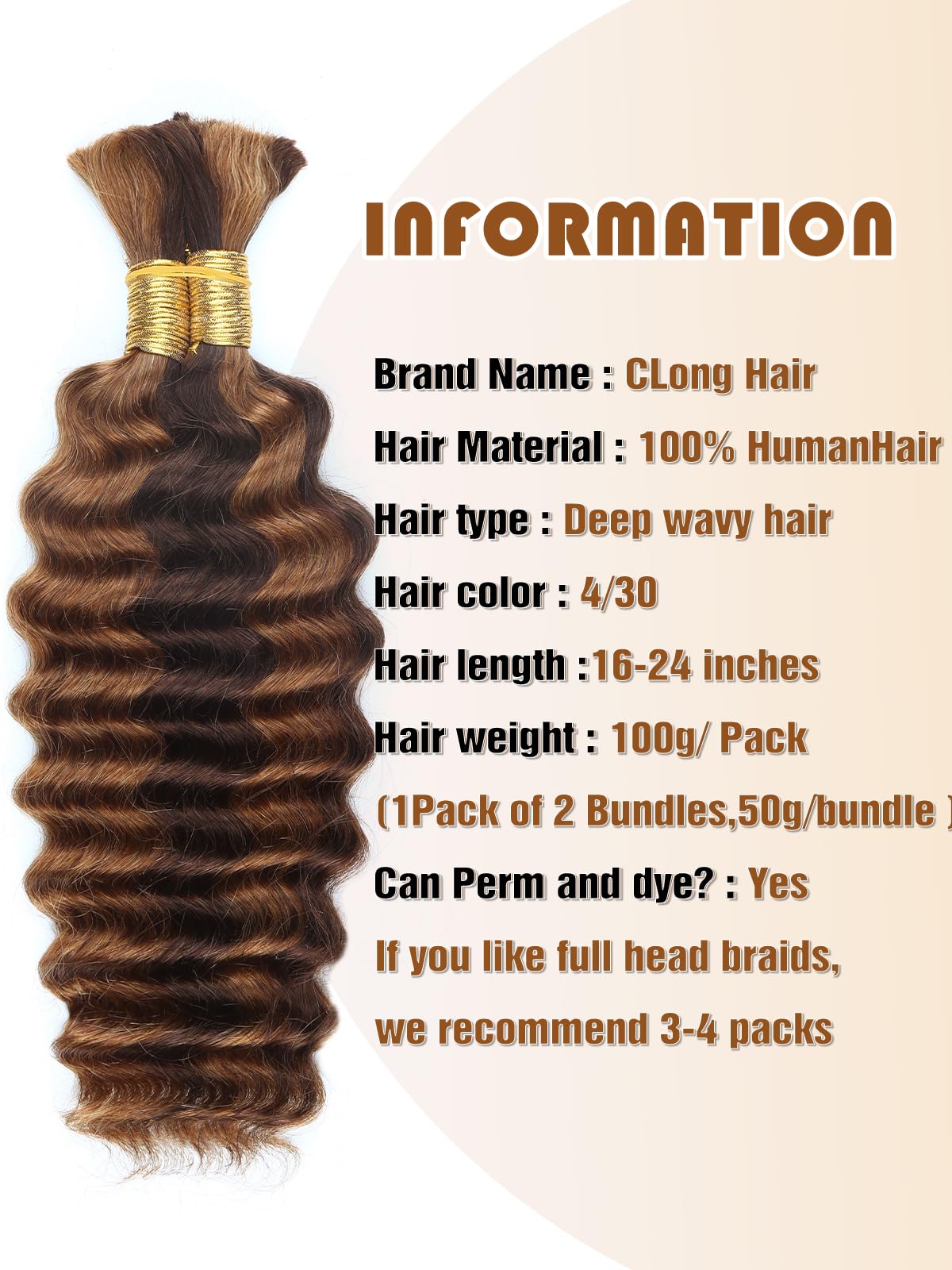 4/30 Bronze Gold Human Braiding Hair Deep Wave Bulk,Highlight No Weft Curly Braiding Hair Extensions for Boho Braids Wet and Wav