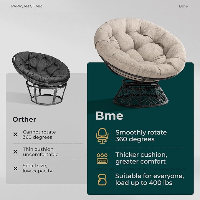 Bme 40" Ergonomic Wicker Papasan Chair with Soft Thick Cushion & Frame, 360° Swivel, Circle, Reading, Comfy Chair for Living Room, Bedroom