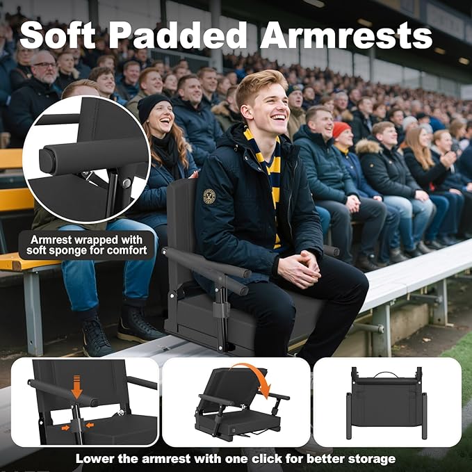 HOPERAN Heated Stadium Seats for Bleachers with Back Support - 3 Levels Heating Bleacher Chairs with Back and Cushion with Armrest, Thick Padded Bleacher Seats, Stadium Chair with Shoulder Strap