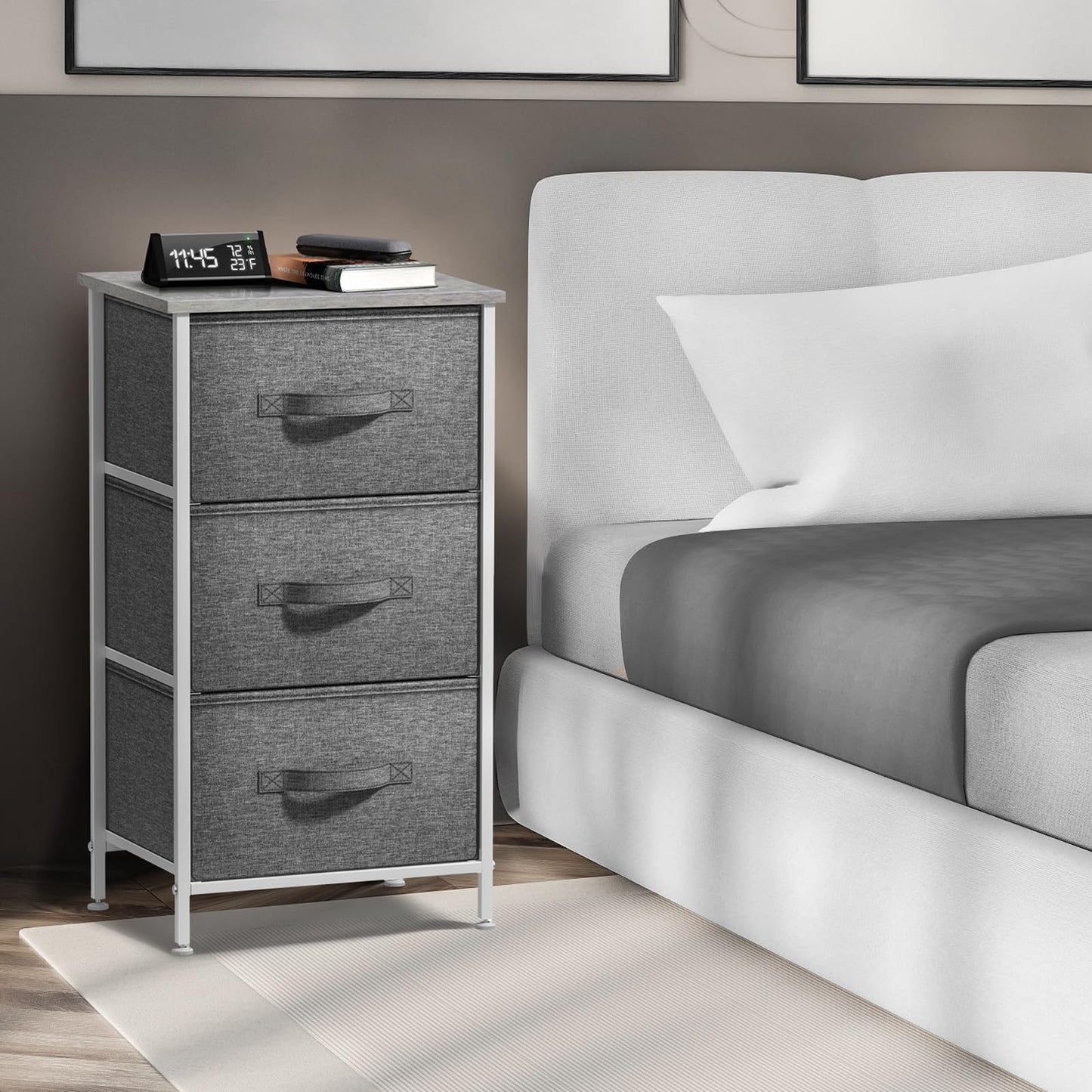 Sorbus Nightstand with 3 Drawers - Bedside Furniture & Night Stand End Table Dresser with Steel Frame, Wood Top, Easy Pull Fabric Bins for Home, Bedroom Accessories, Office & Dorm