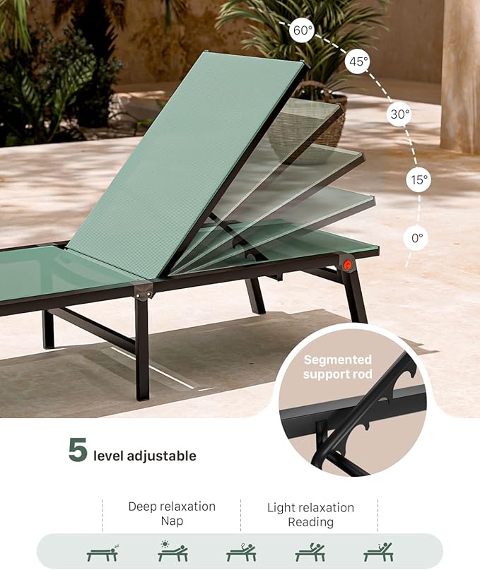 Aluminum Chaise Foldable Patio Lounge Chair Outdoor, Metal Deck Lounger Adjustable 5-Position Recliner Pool Chase Breathable Full Flat Outside Sun Tanning Chairs for Beach/Poolside/Lawn(Green, 1Pack)