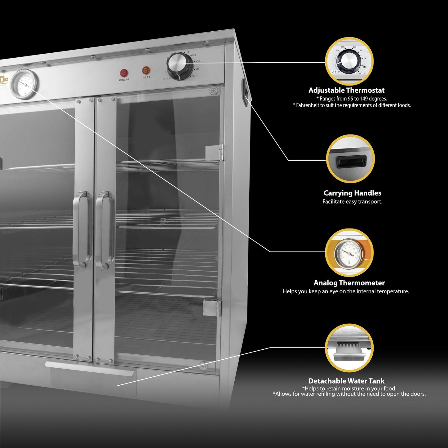 4-Shelf Electric Hot Box Food Warmer Accommodating up to (8) 16" Pizza Boxes, Countertop Heated Holding Cabinet for Pretzels, Warming Machine for Home Commercial Use, w/Water Drawer, 120V 600W