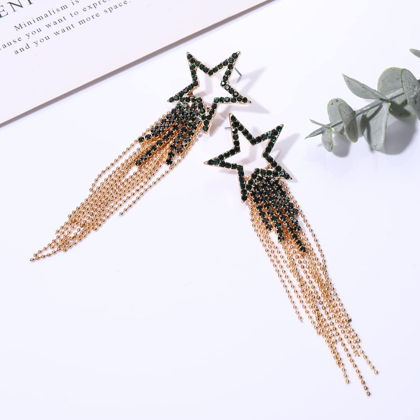 Womens Tassel Earrings Star Ear Stud Pave Crystal Dangle Earrings Boho Waterfall Beaded Fringe Drop Earring