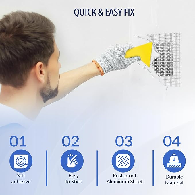 Wall Patch Repair Kit – 2 × 4″ Self-Adhesive Aluminum Mesh Patches with Small & Medium Scrapers & 2 × P180 Sandpapers | Quick-Fix Drywall Hole Patch Kit for Sheetrock, Plaster & Ceiling Crack Repair