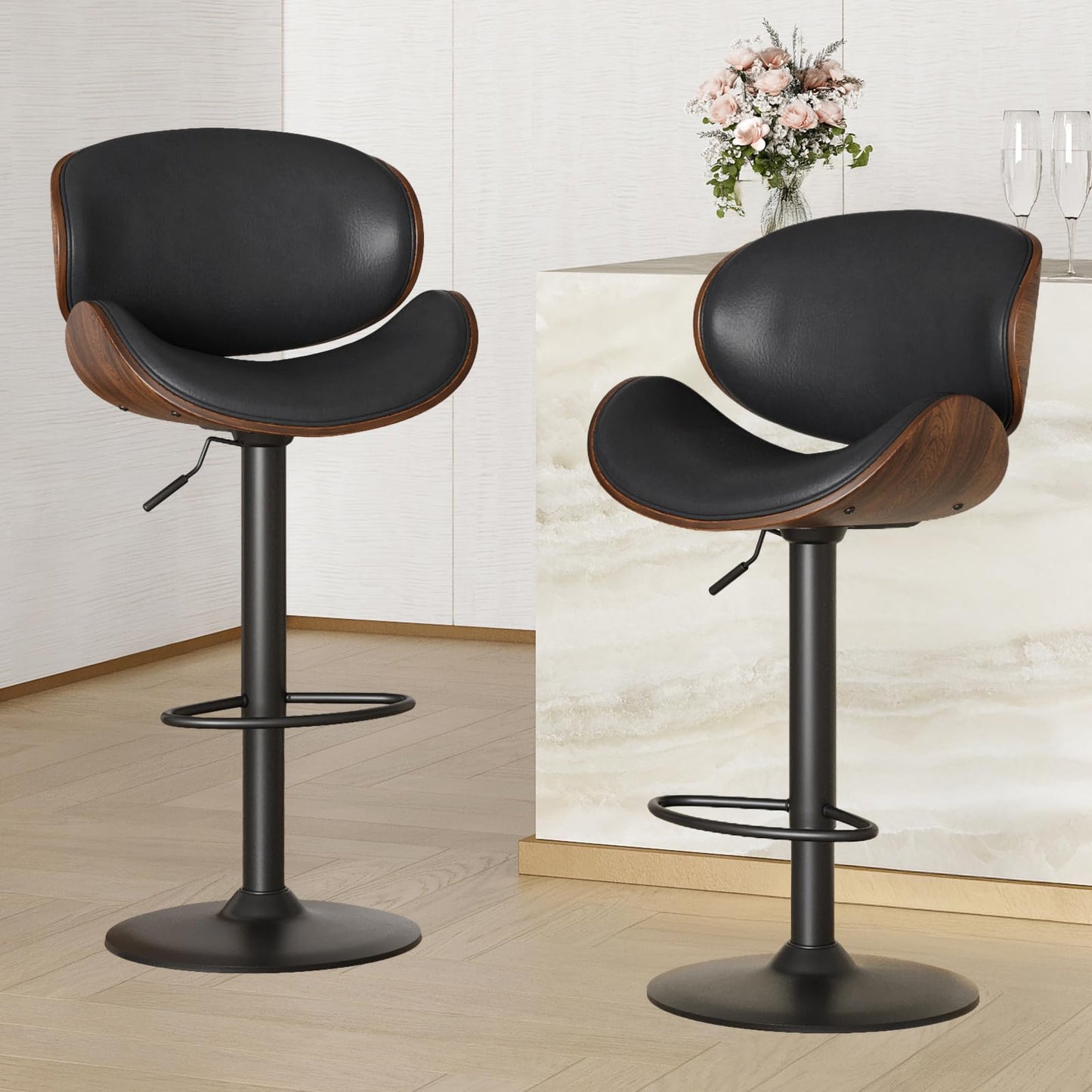 Soohow Adjustable Bar Stools Set for 2, Ergonomic Modern Swivel Bar Stools with Back for Kitchen Island, PU Leather Bar Stool with Footrest Mid Century Barstools, Industrial Counter Height Bar Stools