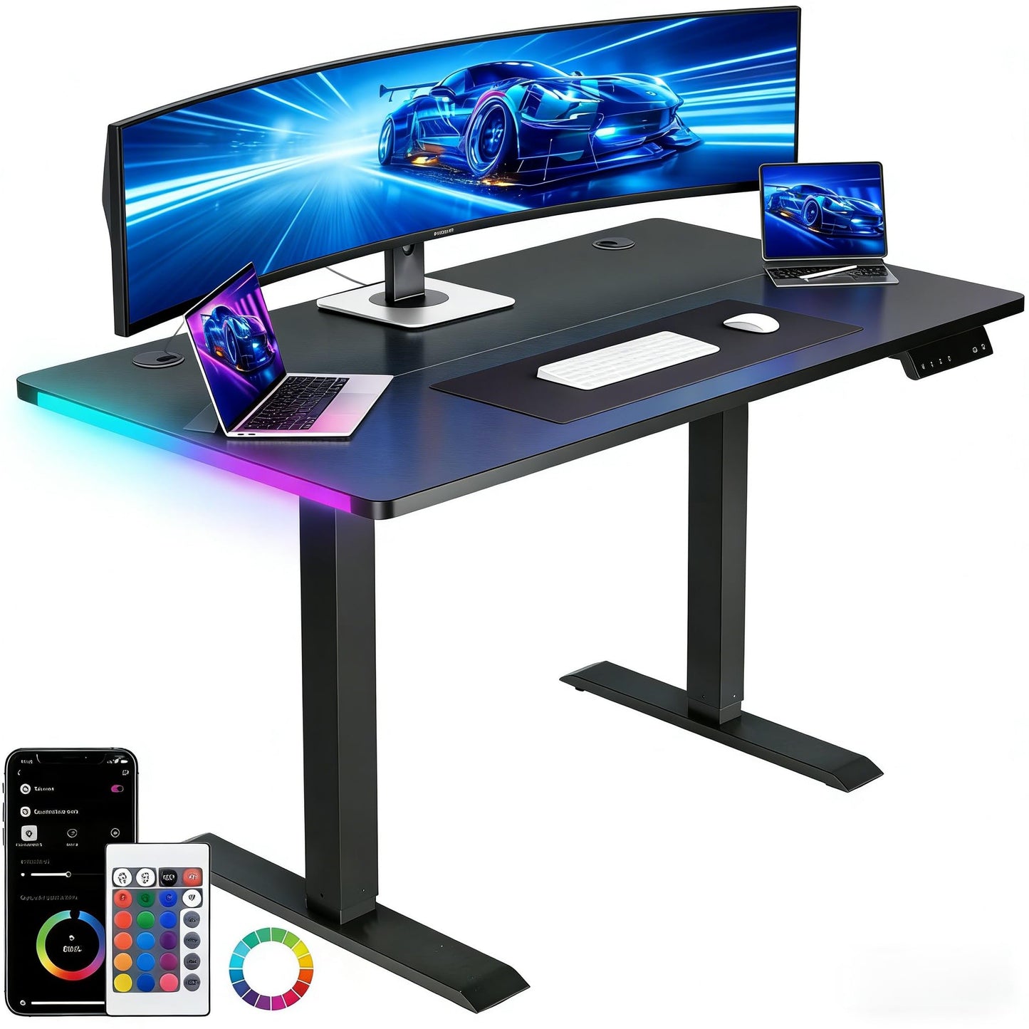 GTPLAYER Electric Standing Desk, Height Adjustable Gaming Desk - Computer Desk with LED Lights, Mouse Pad, Home Office Desk, Pure Black