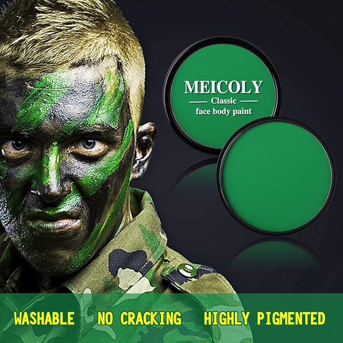 MEICOLY Washable Green Face Body Paint,Halloween SFX Elphaba Witch Makeup,Hunting Hulk Gamora Face Paint,St Patricks Day Accessories,Green Makeup Face Painting for Adults and Kids