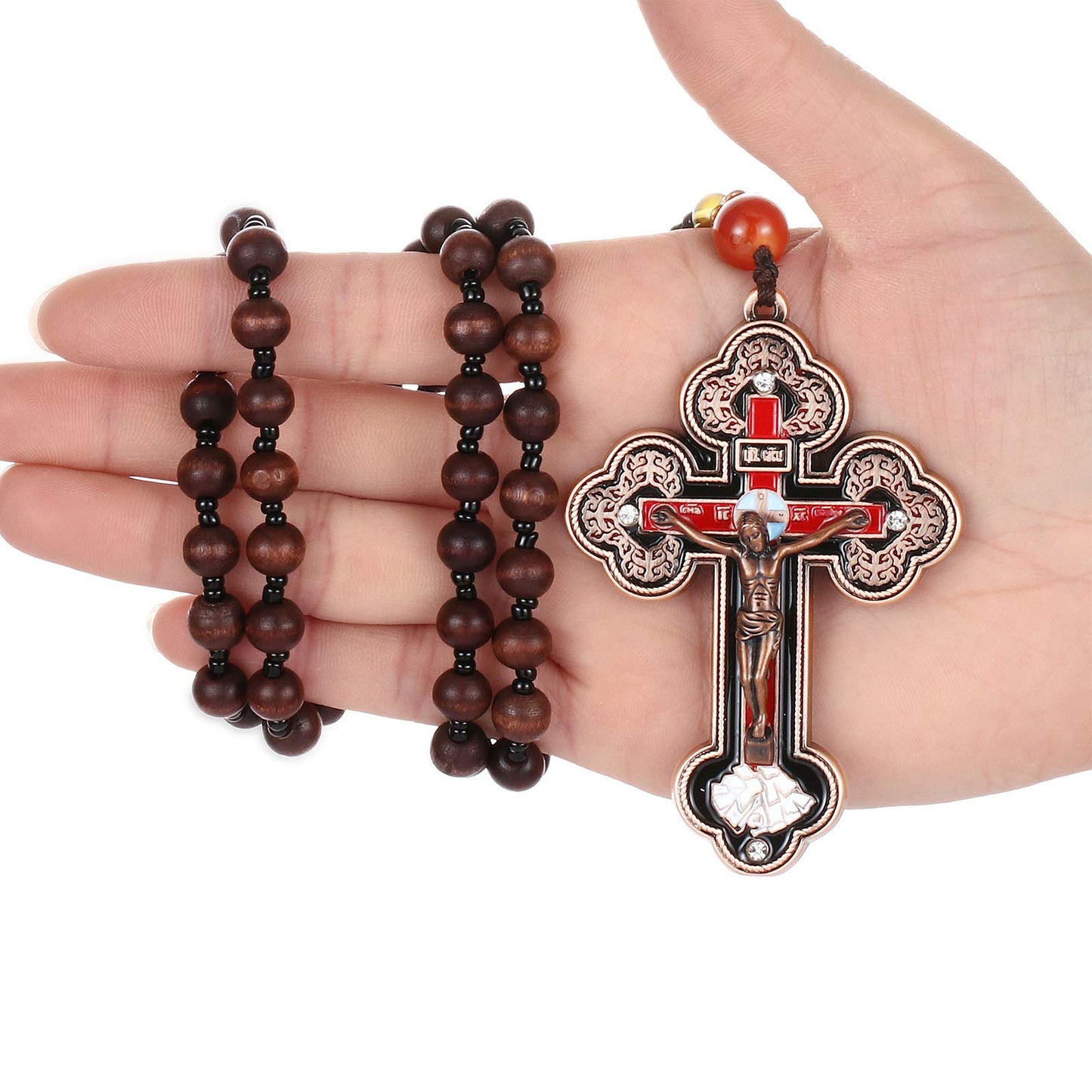 COTTVOTT Wood Rosary Beads Cross Necklace Men Prayer Orthodox Crucifix Jesus Pendant Necklace (Bronze Color)