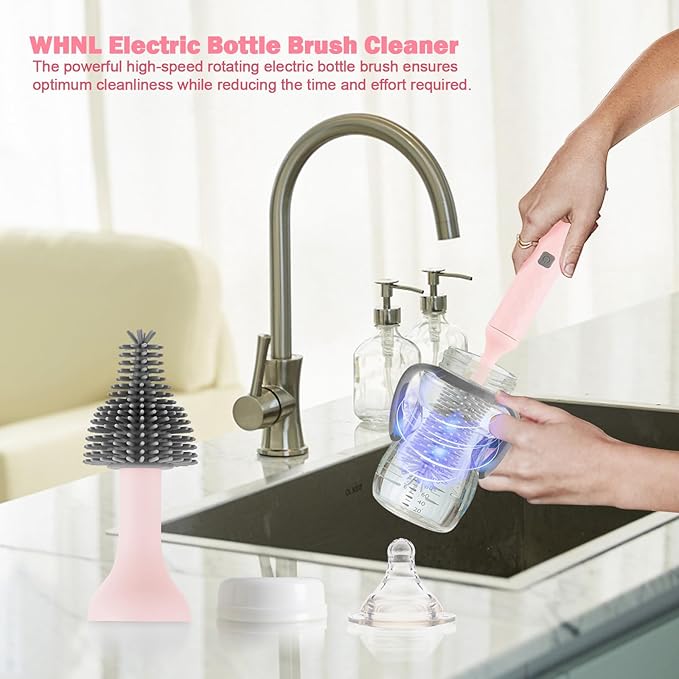 Electric Baby Bottle Cleaner Kit with Rechargeable Electric Bottle Brush Cleaner, 3 Piece Silicone Bottle Brush and Straw Brush, Multipurpose Automatic Bottle Cleaner, Pink