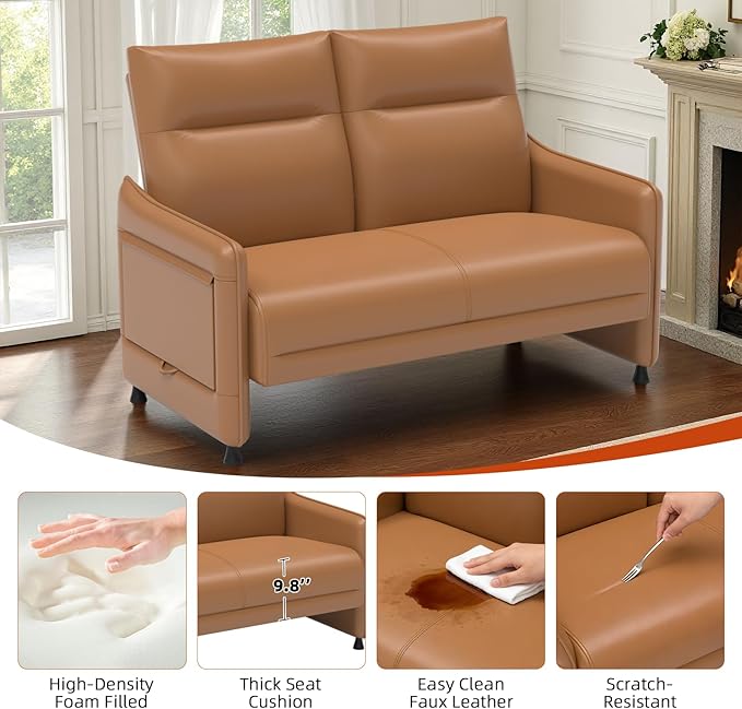 Tbillionnext Faux Leather Loveseat, Upholstered Loveseat with Hidden Foldable Tray & Side Pocket, Rear Contour Arm Design, Modern 2-Seater Sofa Couch for Small Spaces, Bedroom, Brown