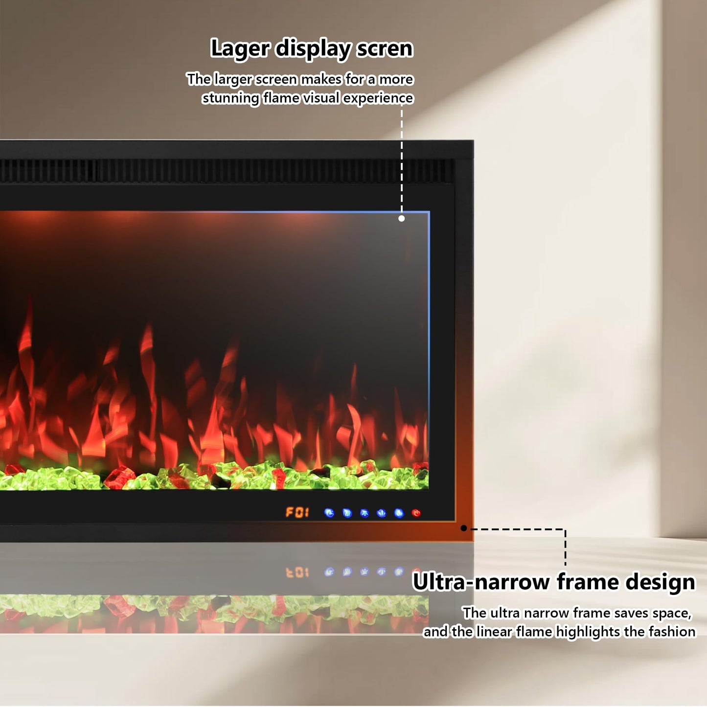 Valuxhome 74” Electric Fireplace Wall Mounted and Recessed, Ultra-Thin Fireplace Insert Indoor, Adjustable Flame and Light, Crysral & Log, 507 Color Combinations, App, Touchscreen and Remote Control