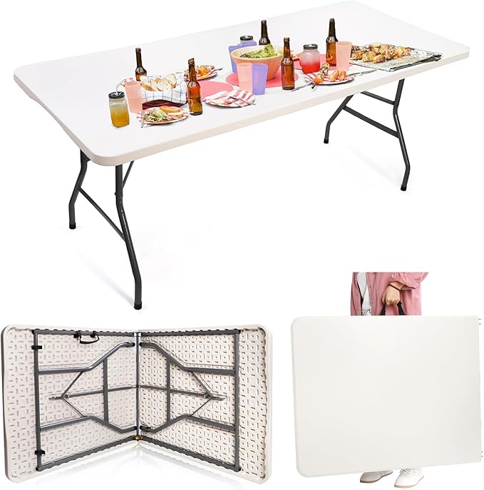 Goaste 6 Foot Folding Table, Portable Plastic Dining Table, Fold-in-Half Heavy Duty Table Indoor Outdoor for Camping, Picn...
