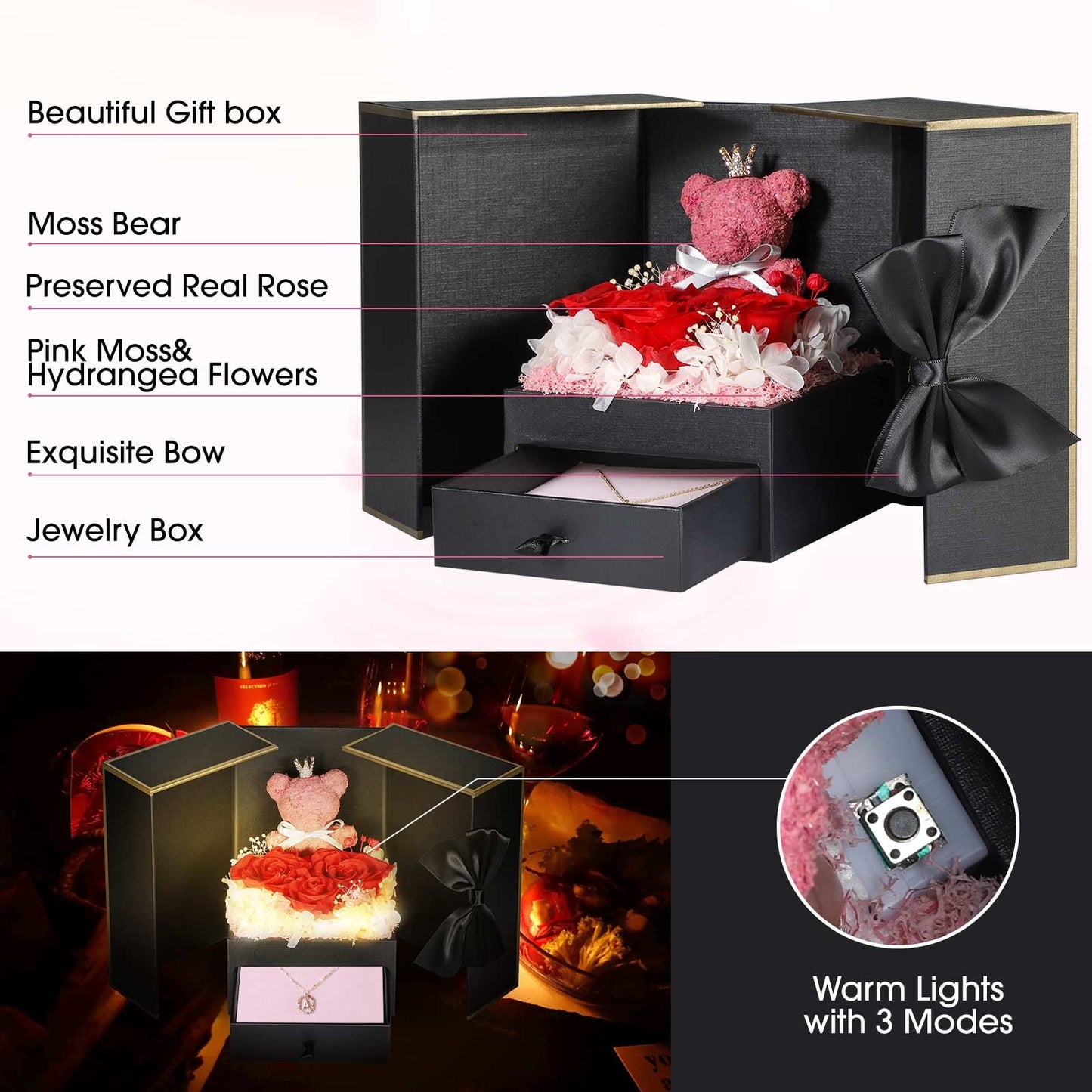 Cute Preserved Real Roses Bear Gift Box for Girlfriend with Initial Necklace A, Unique Birthday Gift for Mom, Her, Grandma, Anniversary Presents for Wife