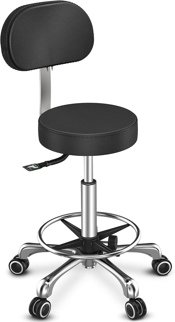 TASALON Professional Rolling Stool Chair, PU Leather Seat with Backrest,Height Adjustable, Swivel Metal Feet, Salon Spa Tattoo Massage Home Office Swivel Stool Chair Black