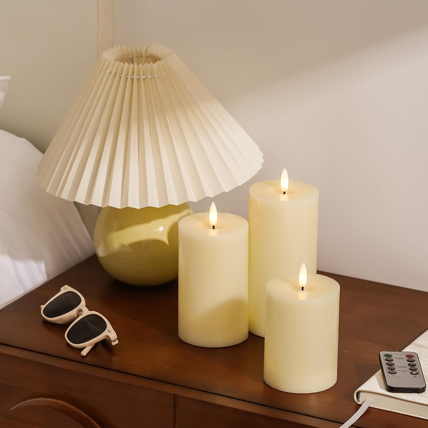 Stmarry Ivory Flameless Candles with Remote and Timer, Real Wax Made LED Pillar Candles Battery Operated with 3D Flickering Flame - 3" x 4", 3" x 5", 3" x 6" - Set of 3