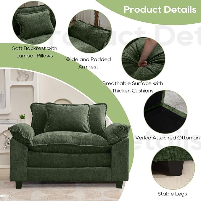Oprisen Modular Sectional Sofa, Comfy Cloud Couch Sectional Sofa, Chenille Sofa Sleeper Deep Seat Sofa with Throw Pillows for Living Room (Green, 53"- Single Seat)