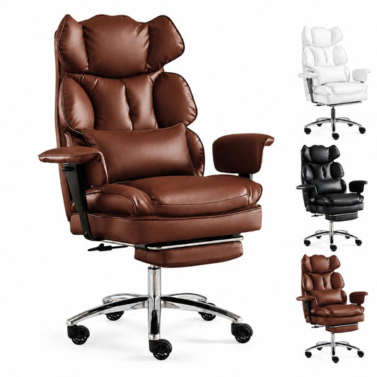 Big and Tall Ergonomic Office Chair with Footrest, Executive High Back PU Leather Desk Chair, Reclining Computer Chair with Adjustable Lumbar Support and Armrests, Swivel Rolling Gaming Chair, Brown