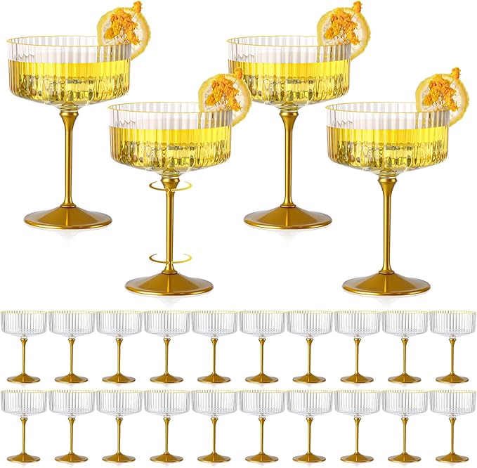 HKSZEH 24 PCS Ribbed Coupe Glasses with Gold Stem Clear Plastic Champagne Coupe Cup 10oz Detachable Gold Rim Espresso Mart...