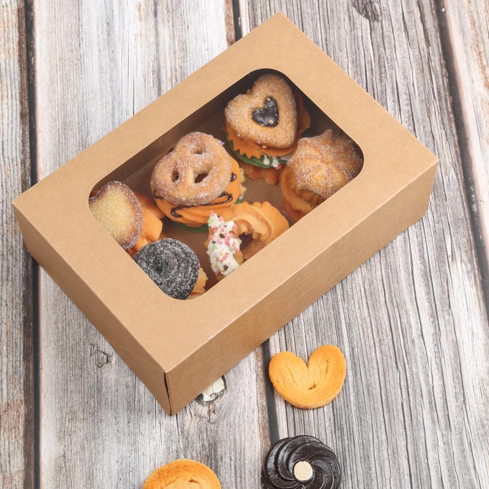 YEKTFS 24 Pcs Cookie Boxes with Window for Paper Gift Giving Brown Bakery Gift Boxes 9 x 6.3 x 3 Inch, Easy Estate Holiday Packaging for Cookie, Cupcaked, Donuts & Pastries