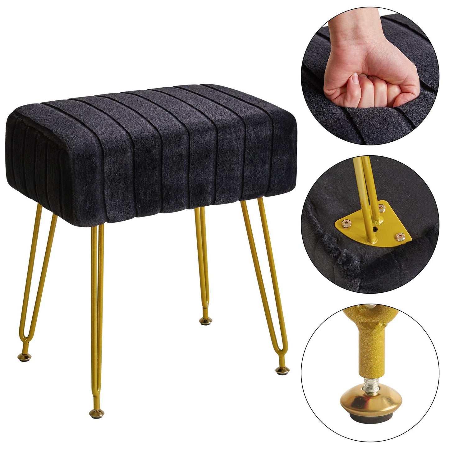 IBUYKE Velvet Rectangular Footrest Ottoman, Makeup Vanity Stool Side Table, Dressing Table Seat, Pouf Couch Stool, Golden Steel Legs, Black LG-51B