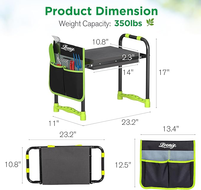LOENIY 10.8” Wide Garden Kneeler and Seat, Heavy Duty Foldable Gardening Stool with Tool Belt Pouch, Portable Gardening Bench Chair for Seniors & Parents, Non-Slip & Easy Grip Design