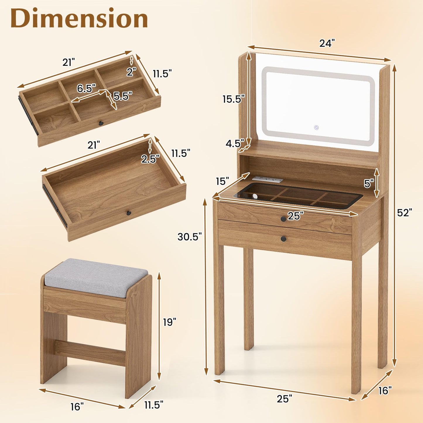 CHARMAID Compact Vanity Desk with Lighted Mirror, Built-in Charging Station, Glass Desktop, 2 Drawers & Padded Stool, Small Makeup Vanity Table for Bedroom, Apartment, Dorm, Rustic Oak