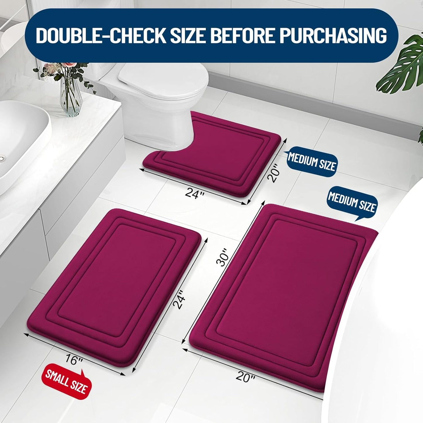 Grandaily Memory Foam Bath Mat Rug 24x16, Ultra Soft, Non-Slip and Absorbent Bathroom Rugs, Machine Wash Dry, Comfortable Bath Carpet for Bathroom Floor, Tub and Shower, Burgundy