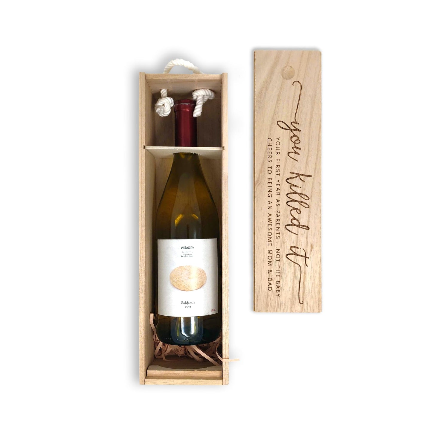 CITY NORTH Wooden Wine Box - Perfect Parents Wine Gift for Baby's First Birthday with Decorative Text, Elegant Bottle Holder and Storage, Comes with a Rope Handle, Fits Standard 750ml Bottles