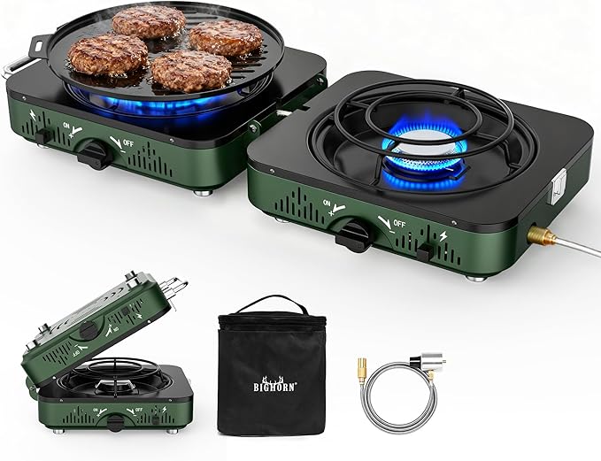 BIG HORN OUTDOORS 2 Burner Propane Camping Stove, Portable Camp Stove, Folding Gas Stove, Includes Frying Pan & Carry Bag ...