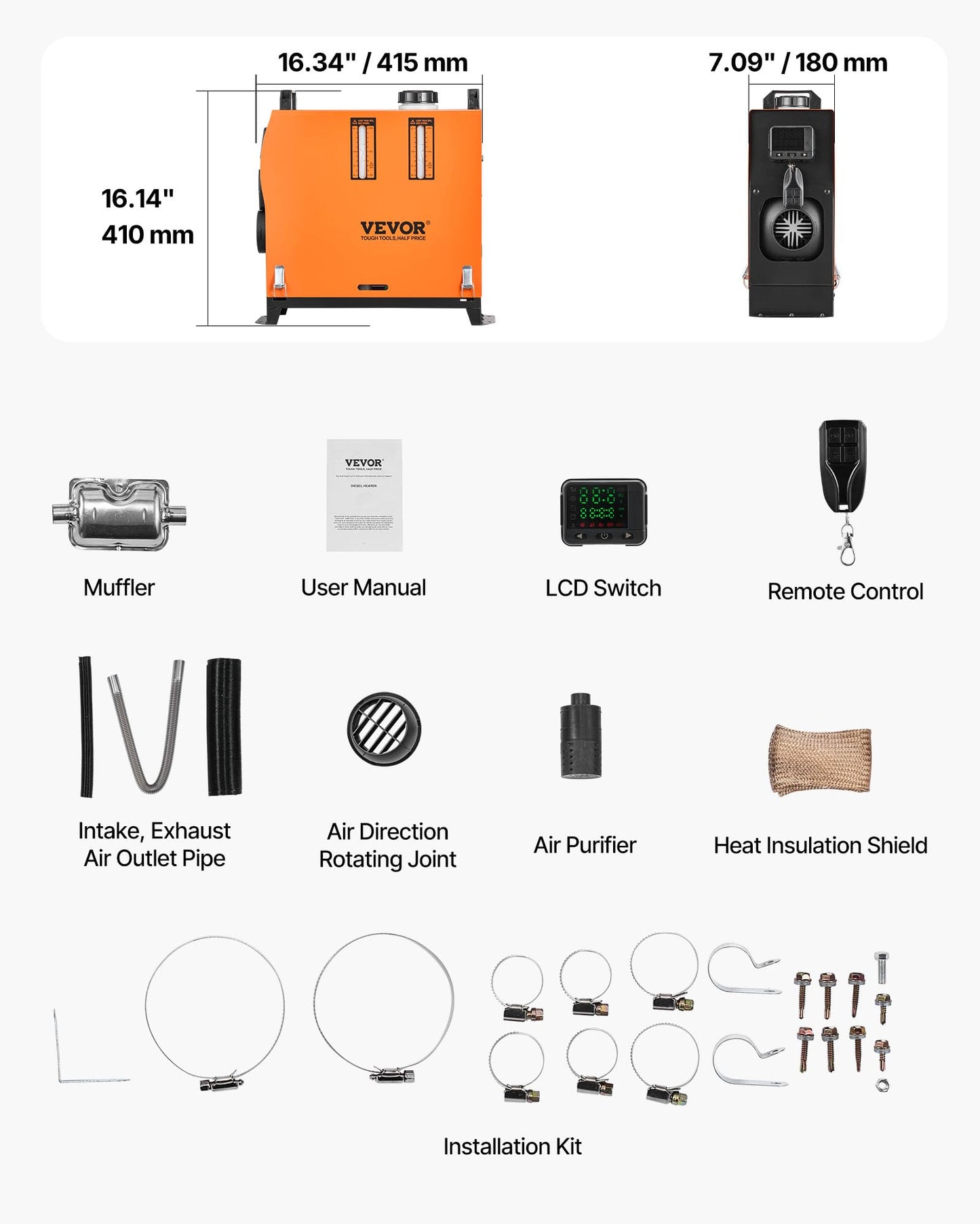VEVOR 8KW Diesel Heater All in One, DC12-24V, Fast Heating Diesel Air Heater with Remote Control and Color Digital Display, Low Noise, Voice Announcement, for RV, Truck, Camper, Van, Boat and Trailer