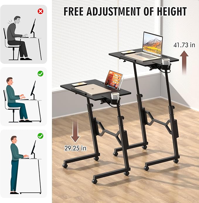 Enayplon Small Standing Desk with Wheels, Portable Treadmill Desk, Rolling Desk Adjustable Height for Laptop, Mobile Standing Table for Walking Pad, Bedside Table