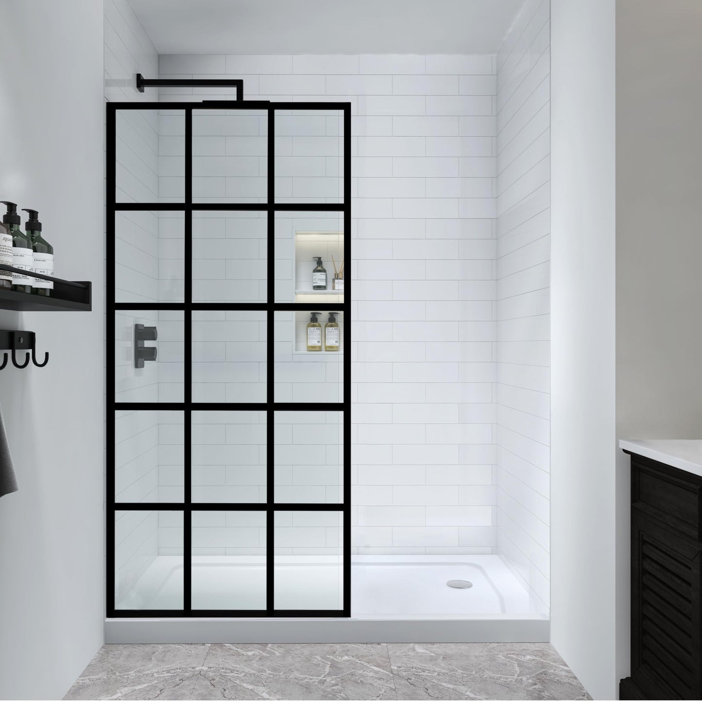 FELYL Black Grid Shower Glass Panel 34" W x 72" H, Matte Black, Framed Fixed Glass Panel, 5/16" (8mm) SGCC Tempered Glass, Reversible Installation