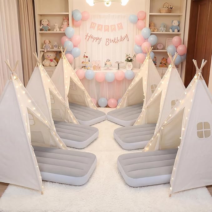 wilwolfer 6 Pack Kids Teepee Tent Bulk with Inflatable Airbed & Light, Natural Toddler Play Tent for Girls Boys Indoor Sle...