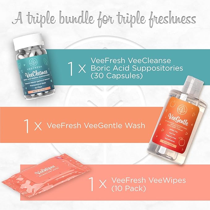 VeeFresh - VeePower Feminine Care Bundle of 3 - VeeCleanse Boric Acid Suppositories, VeeGentle Feminine Wash for Women and VeeWipes Gentle Vaginal Wipes for Optimal Vaginal pH Balance and Odor Control